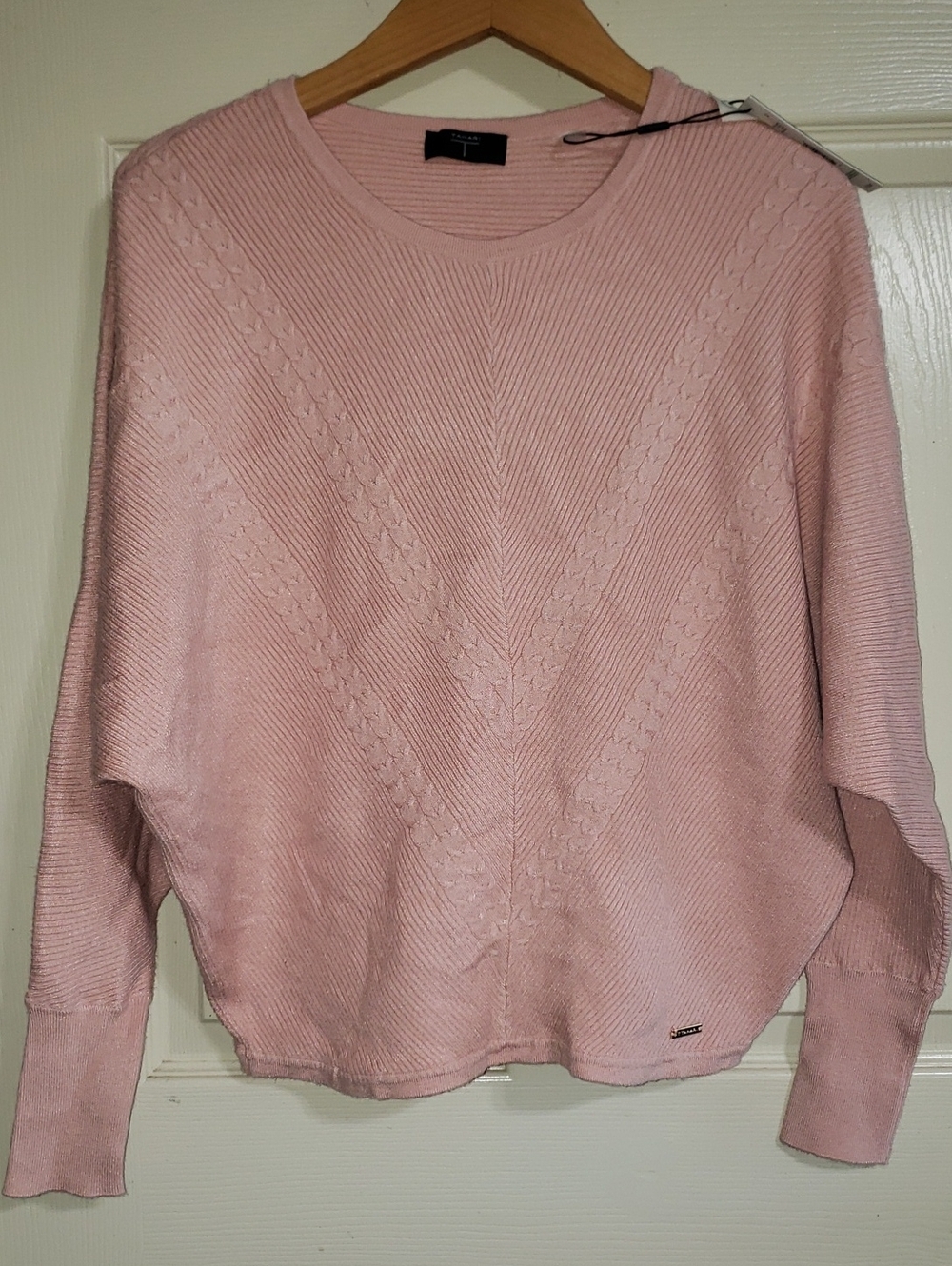 Tahari Blush Pink Cable-Detail Crewneck Sweater